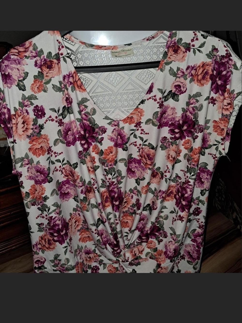 Bobbie Brooks Floral Twist V-Neck Top - Purple & Peach on Cream